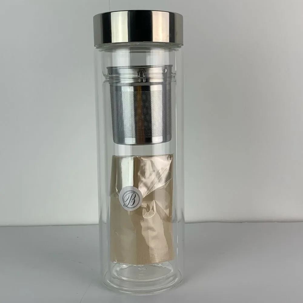 New TRYEH Double-Wall Glass Travel Tumbler W/Removable Tea Infuser Basket 14 oz